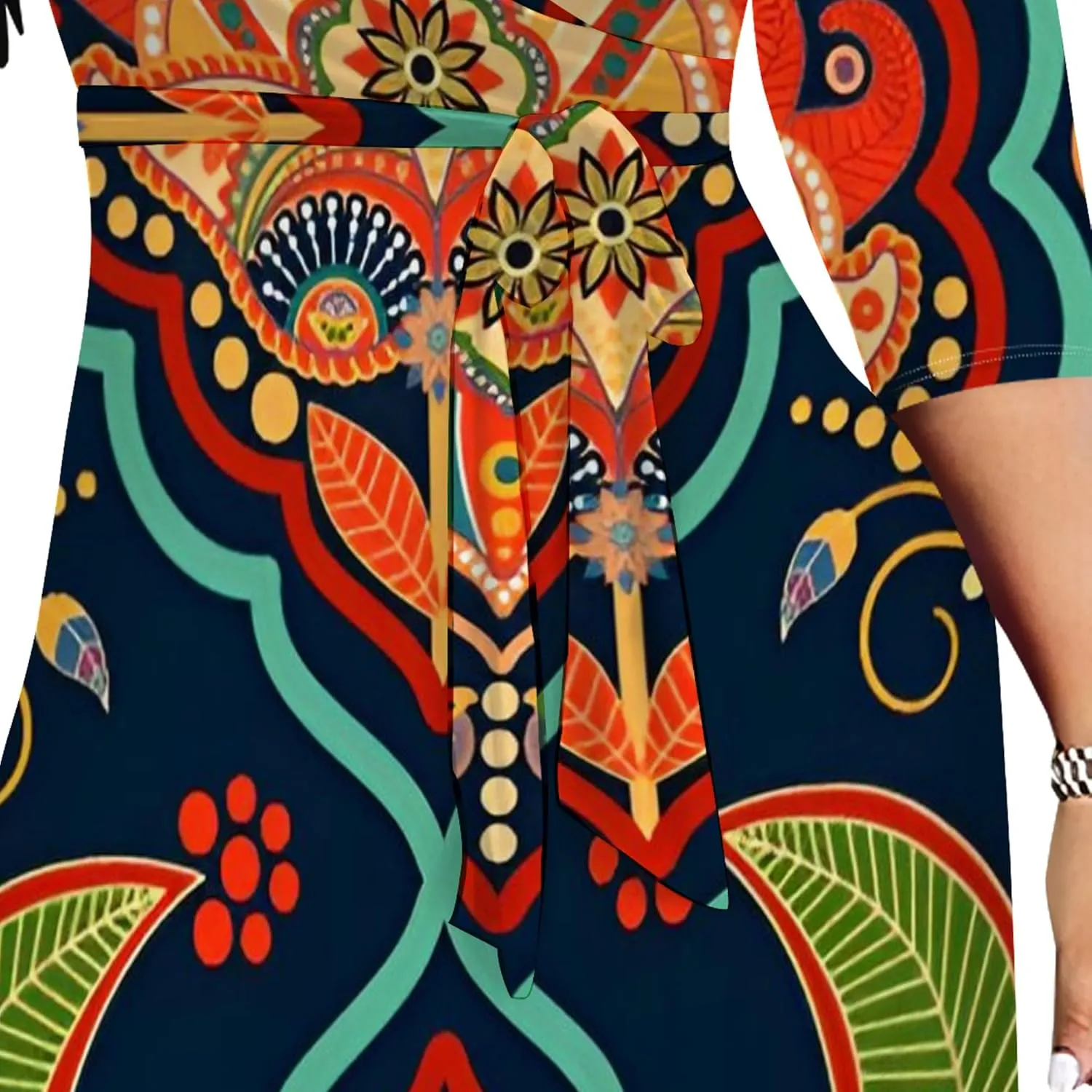 Womens Plus Size Fall Dresses Sexy Bodycon V Neck Maxi Dress Wrap Dress 3/4 Sleeve Boho Casual Floral A-Line Skirts