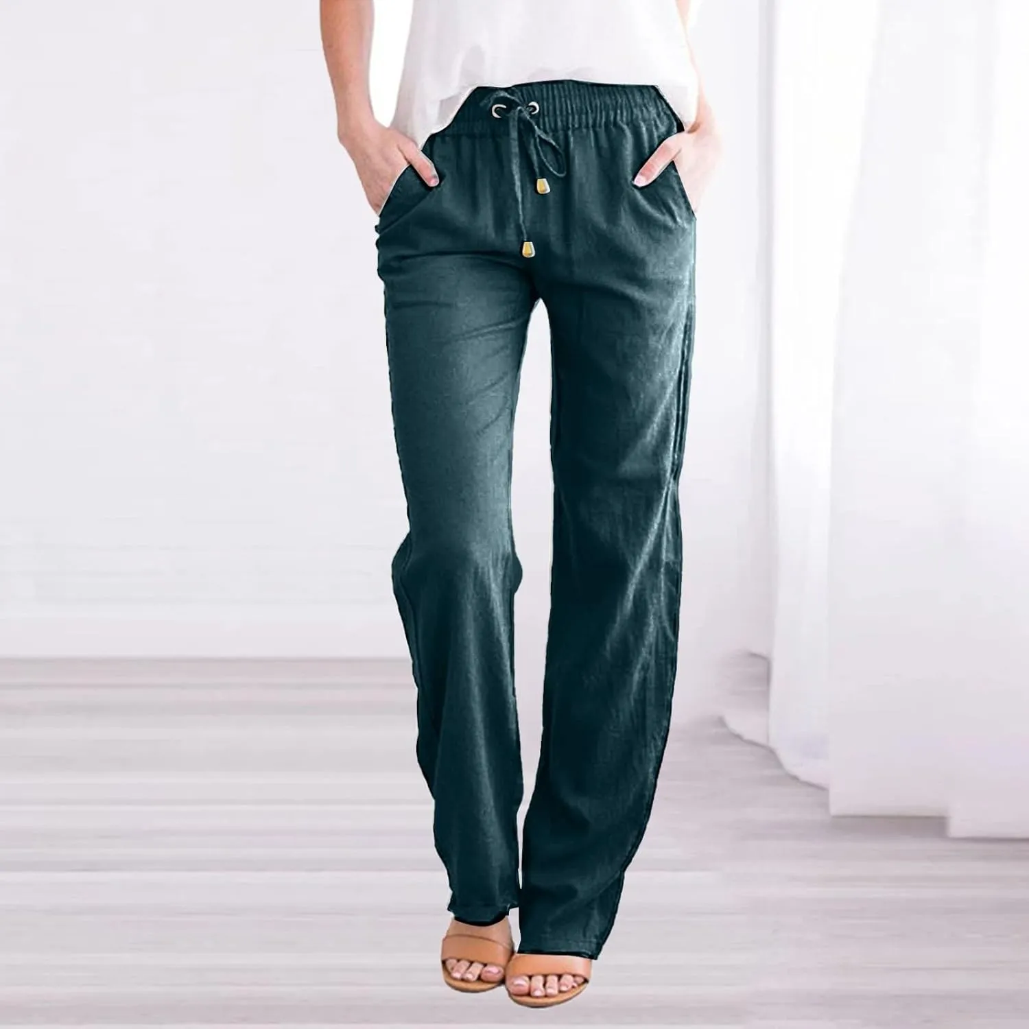 Womens Plus Size Linen Pants and Straight Solid Elastic Pants Long Drawstring Women Waist Flowy Wide Leg Palazzo