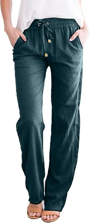 Womens Plus Size Linen Pants and Straight Solid Elastic Pants Long Drawstring Women Waist Flowy Wide Leg Palazzo