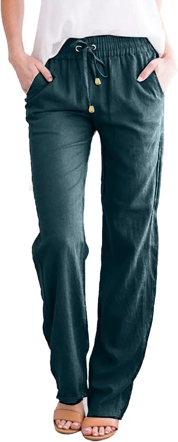 Womens Plus Size Linen Pants and Straight Solid Elastic Pants Long Drawstring Women Waist Flowy Wide Leg Palazzo