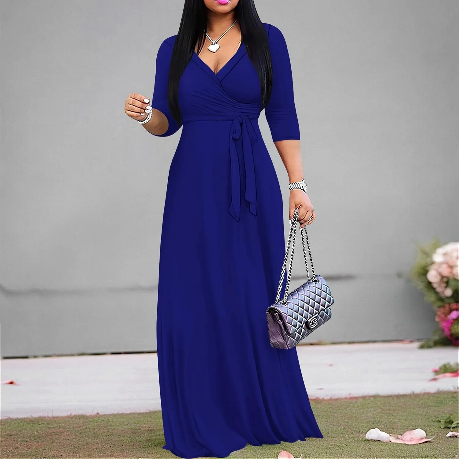 Women's Plus Size Maxi Dress Sexy V Neck 3/4 Sleeves Solid Color A Line Long Dresses Printed Swing Sundress with Belt