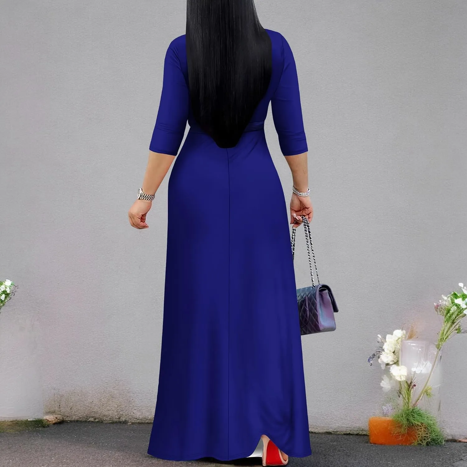 Women's Plus Size Maxi Dress Sexy V Neck 3/4 Sleeves Solid Color A Line Long Dresses Printed Swing Sundress with Belt