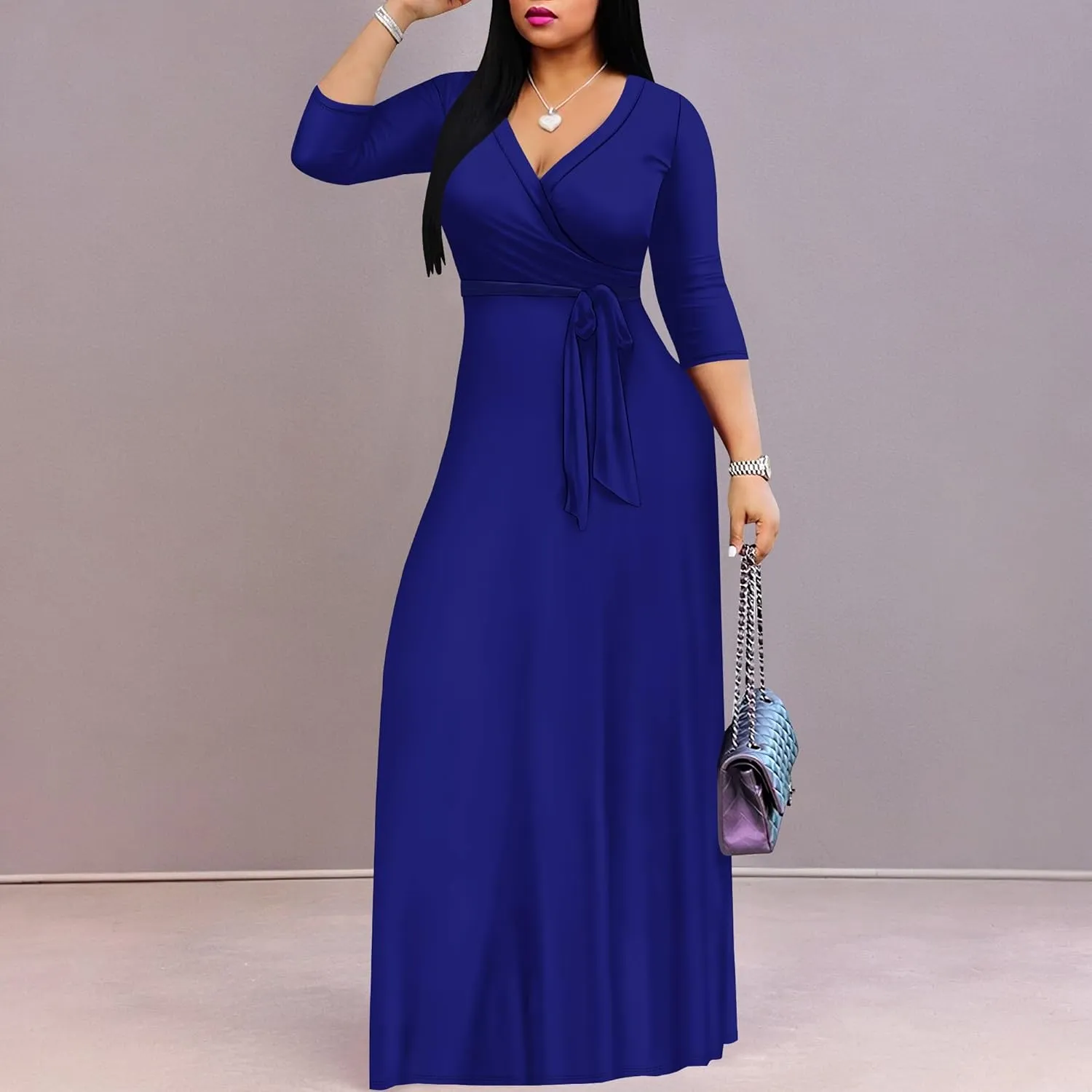 Women's Plus Size Maxi Dress Sexy V Neck 3/4 Sleeves Solid Color A Line Long Dresses Printed Swing Sundress with Belt