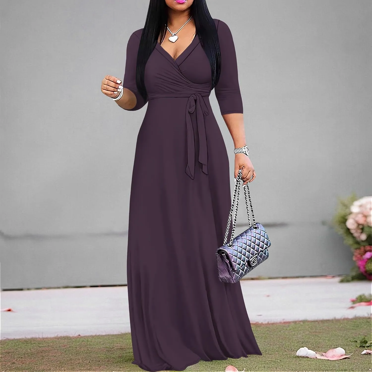 Women's Plus Size Maxi Dress Sexy V Neck 3/4 Sleeves Solid Color A Line Long Dresses Printed Swing Sundress with Belt