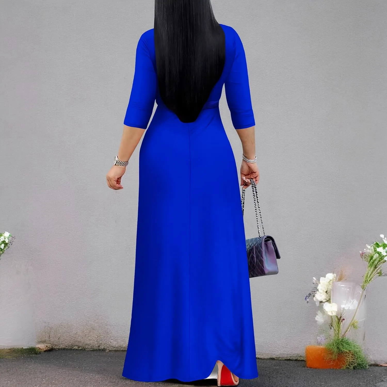 Women's Plus Size Maxi Dress Sexy V Neck 3/4 Sleeves Solid Color A Line Long Dresses Printed Swing Sundress with Belt