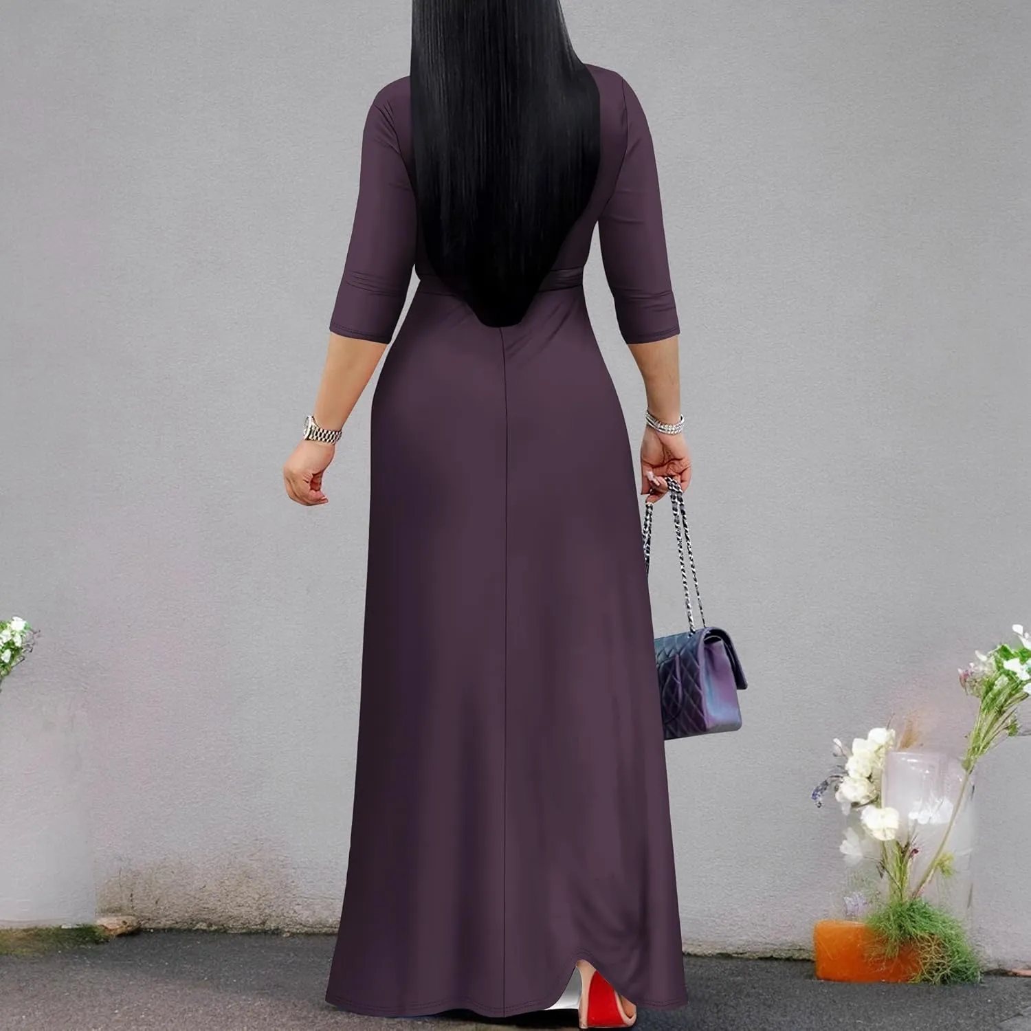 Women's Plus Size Maxi Dress Sexy V Neck 3/4 Sleeves Solid Color A Line Long Dresses Printed Swing Sundress with Belt