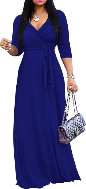Women's Plus Size Maxi Dress Sexy V Neck 3/4 Sleeves Solid Color A Line Long Dresses Printed Swing Sundress with Belt