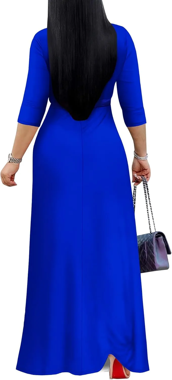 Women's Plus Size Maxi Dress Sexy V Neck 3/4 Sleeves Solid Color A Line Long Dresses Printed Swing Sundress with Belt