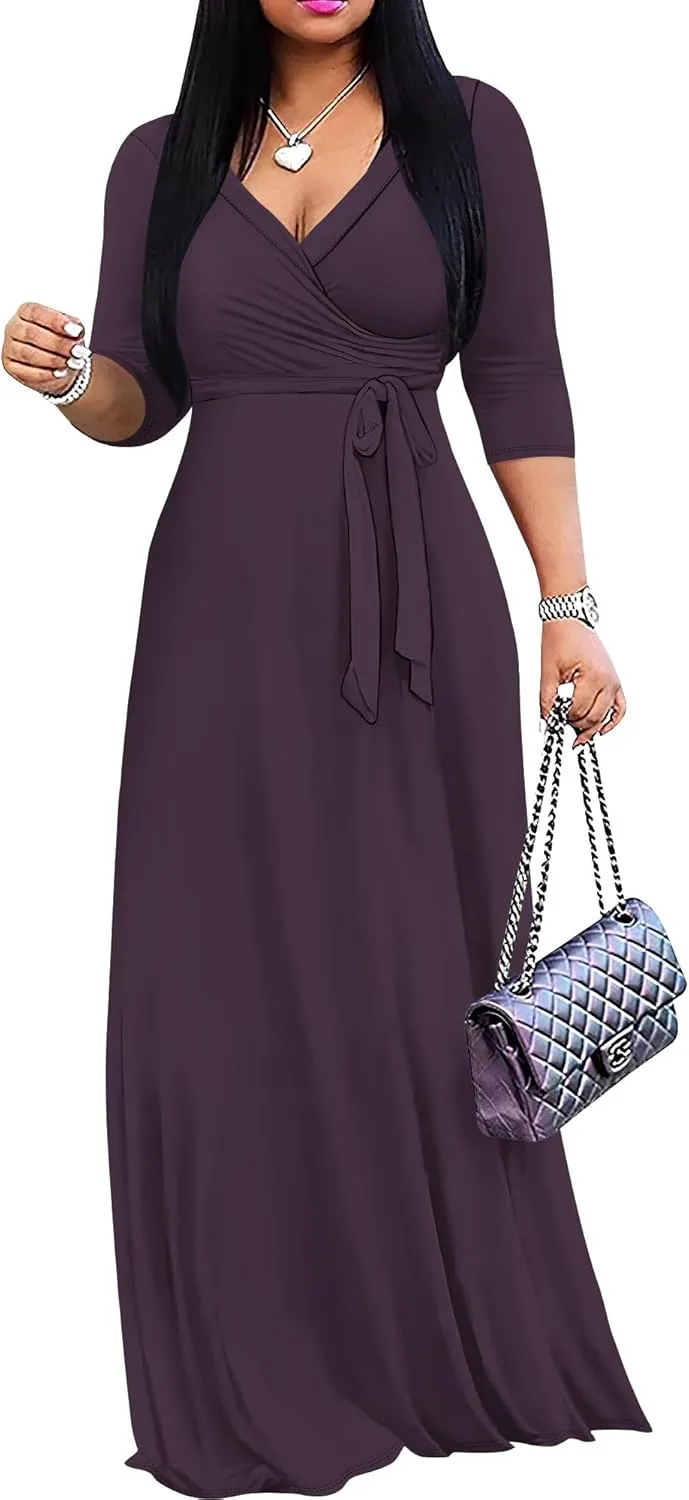 Women's Plus Size Maxi Dress Sexy V Neck 3/4 Sleeves Solid Color A Line Long Dresses Printed Swing Sundress with Belt