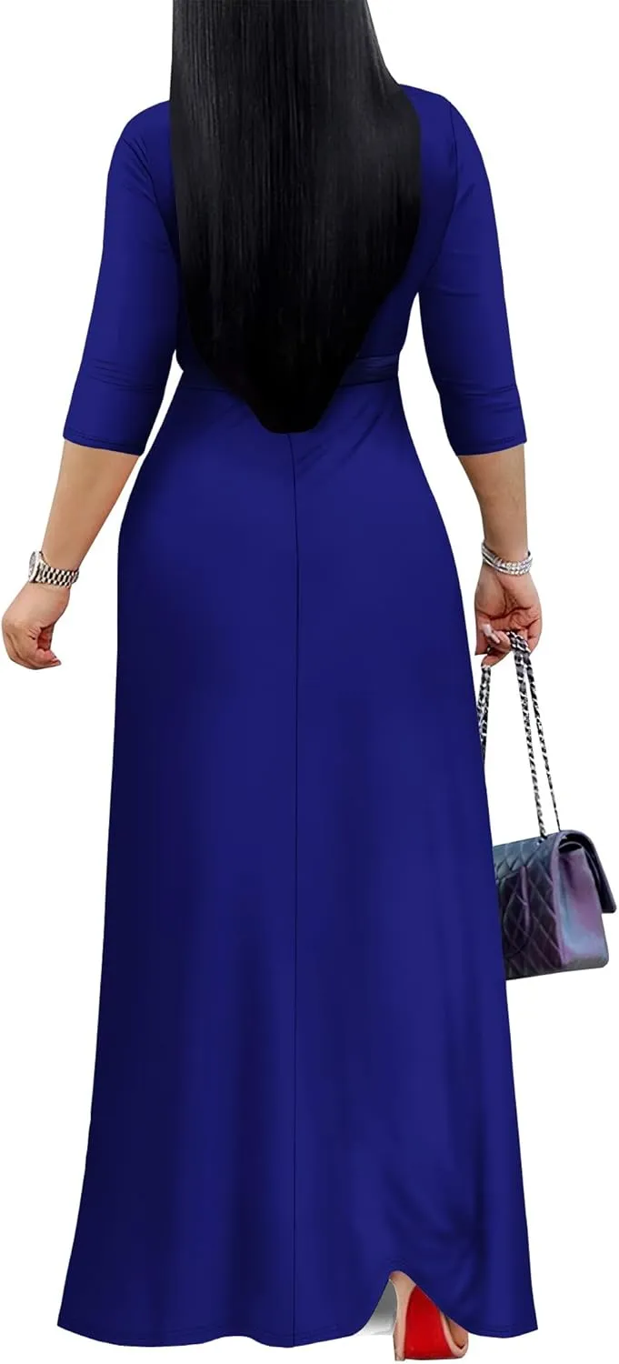 Women's Plus Size Maxi Dress Sexy V Neck 3/4 Sleeves Solid Color A Line Long Dresses Printed Swing Sundress with Belt