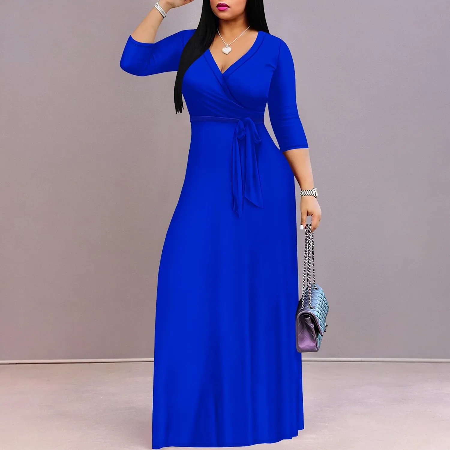 Women's Plus Size Maxi Dress Sexy V Neck 3/4 Sleeves Solid Color A Line Long Dresses Printed Swing Sundress with Belt