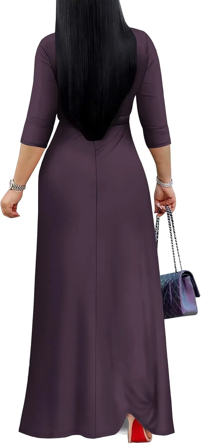 Women's Plus Size Maxi Dress Sexy V Neck 3/4 Sleeves Solid Color A Line Long Dresses Printed Swing Sundress with Belt