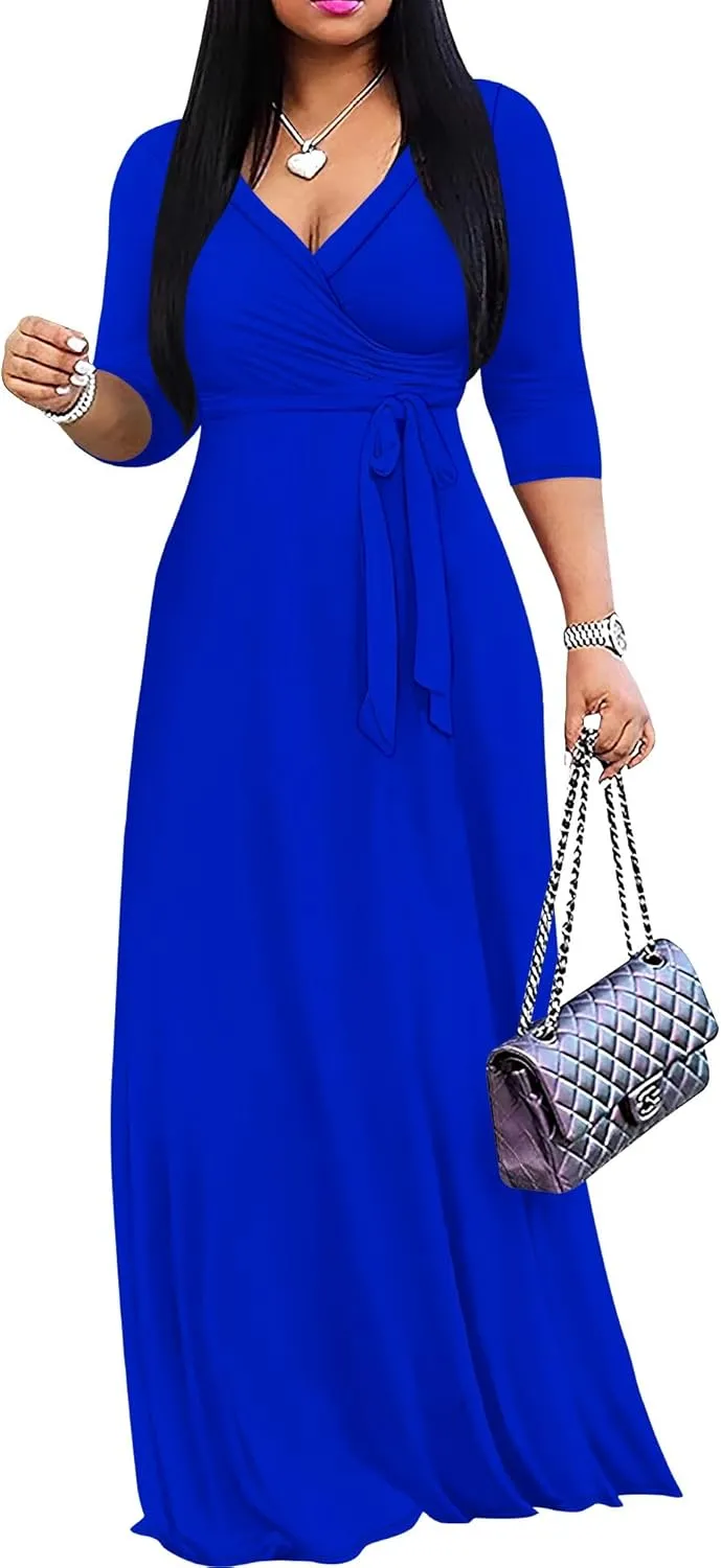 Women's Plus Size Maxi Dress Sexy V Neck 3/4 Sleeves Solid Color A Line Long Dresses Printed Swing Sundress with Belt