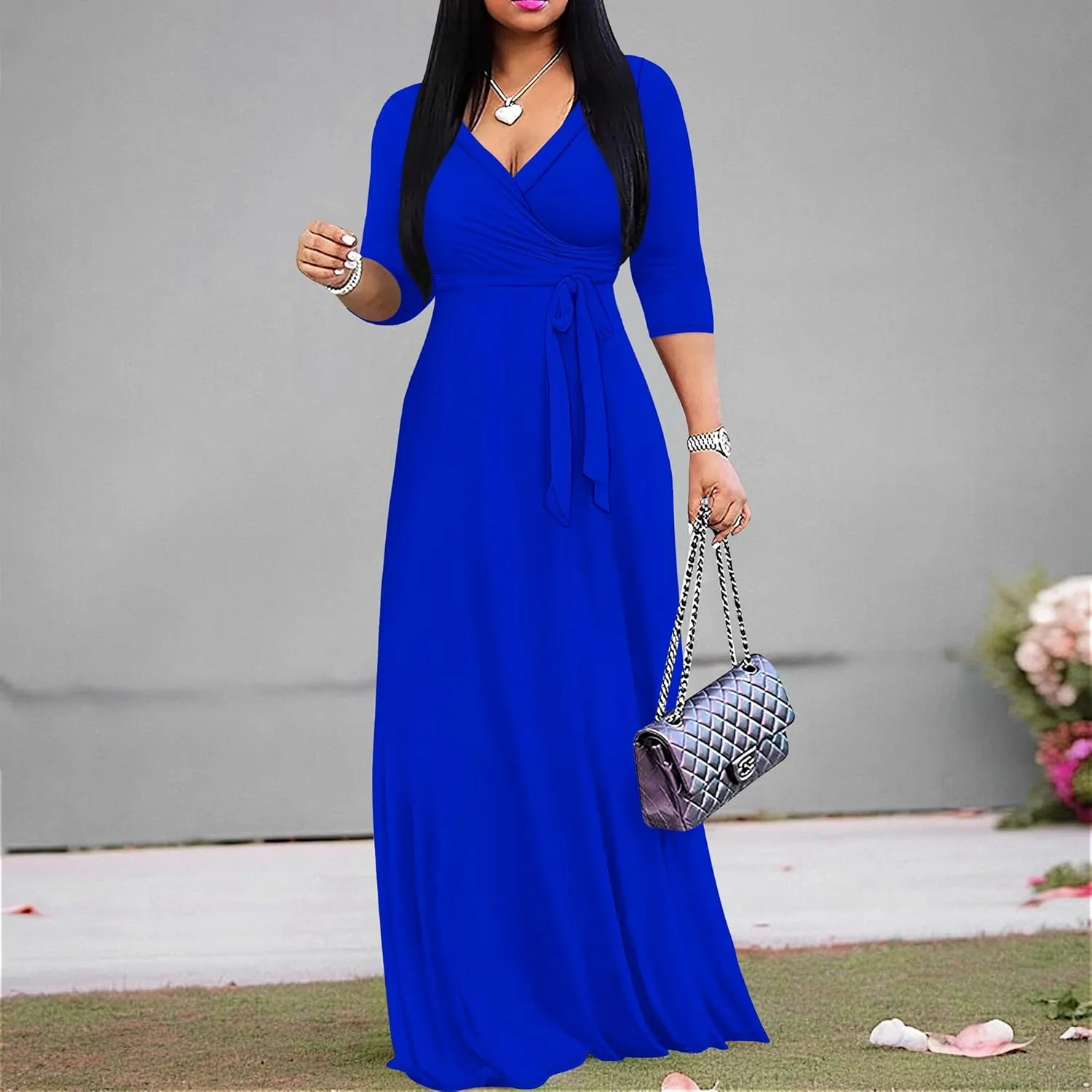 Women's Plus Size Maxi Dress Sexy V Neck 3/4 Sleeves Solid Color A Line Long Dresses Printed Swing Sundress with Belt