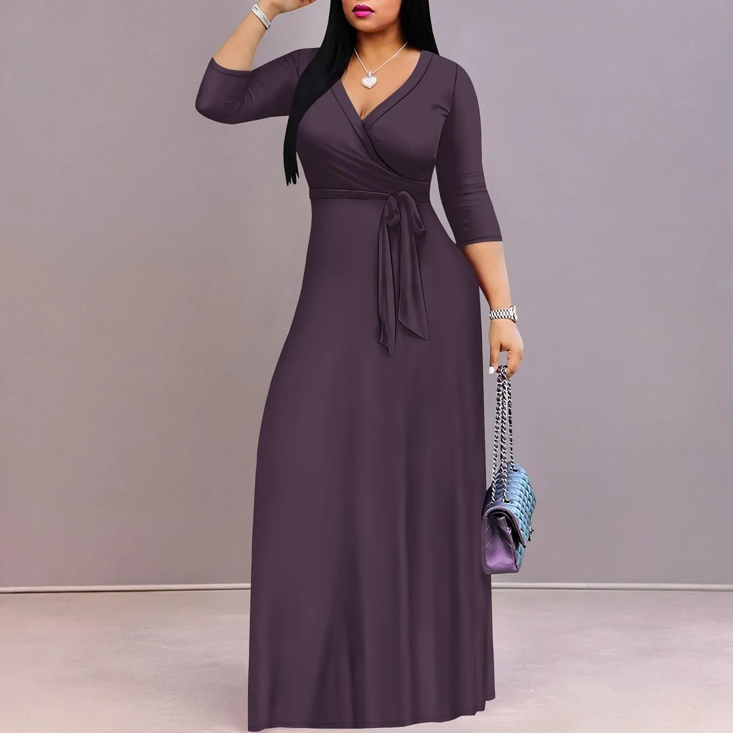 Women's Plus Size Maxi Dress Sexy V Neck 3/4 Sleeves Solid Color A Line Long Dresses Printed Swing Sundress with Belt