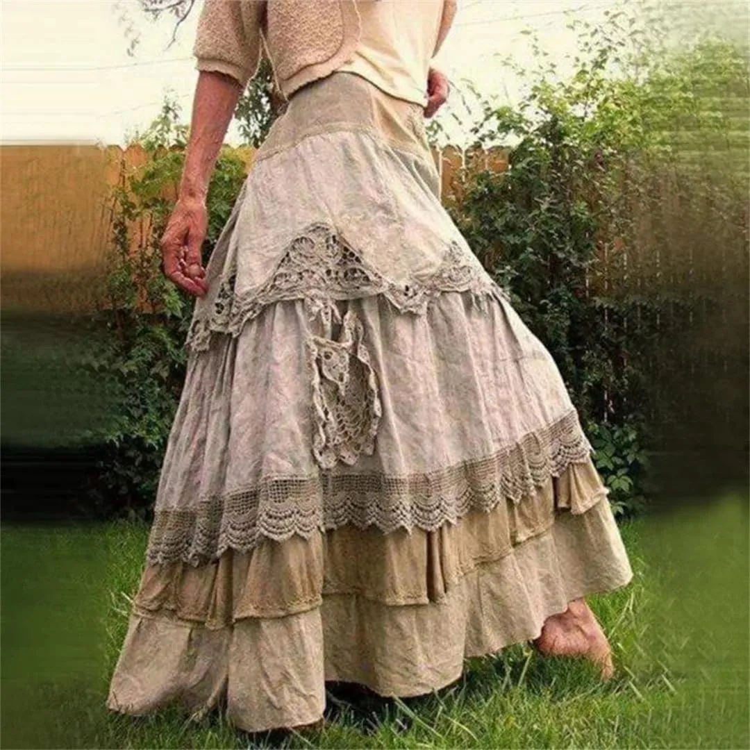 Women's Plus Size Skirts Ruffles Oversized Maxi Skirts Lace Long Skirts Low Waist Dropped Skirt