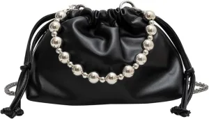 Women's PU Leather Crossbody Drawstring Shoulder Handbag Beads Bucket Bag Chain Satchel Purse for Prom Party Weddingbag223OWOISS