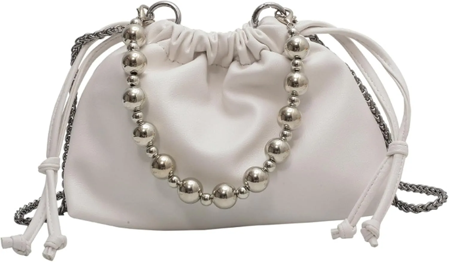 Women's PU Leather Crossbody Drawstring Shoulder Handbag Beads Bucket Bag Chain Satchel Purse for Prom Party Weddingbag224OWOISS