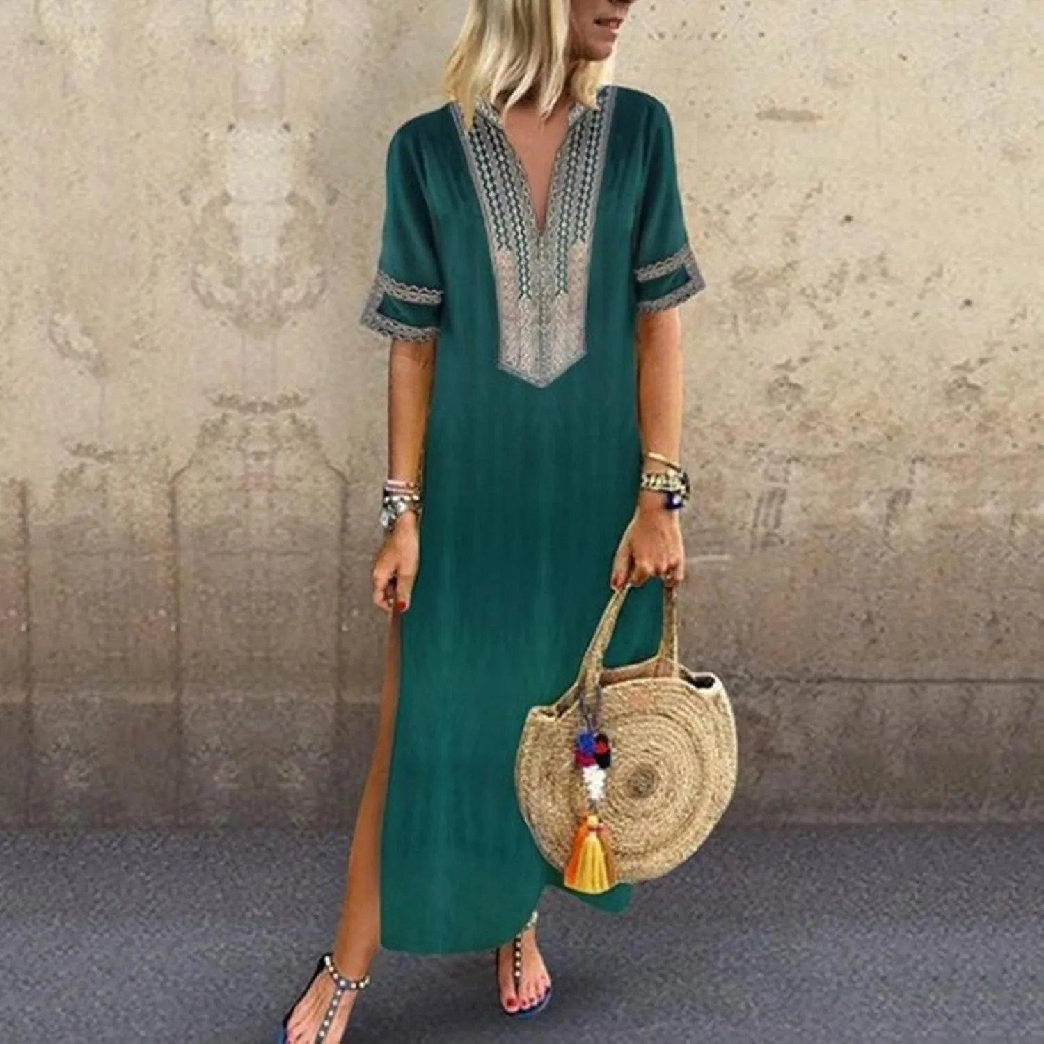 Women's Retro Long Puff Sleeve Beach Plaid Tunic Dress Gingham Swing Tiered Midi Long Shift Sun Dress Plus Size