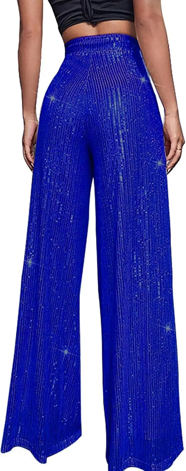 Womens Sequin Flare Pant Women's High Waisted Sequin Loose Drape Wide Leg Pants Fashion Casual Lounge Workout
