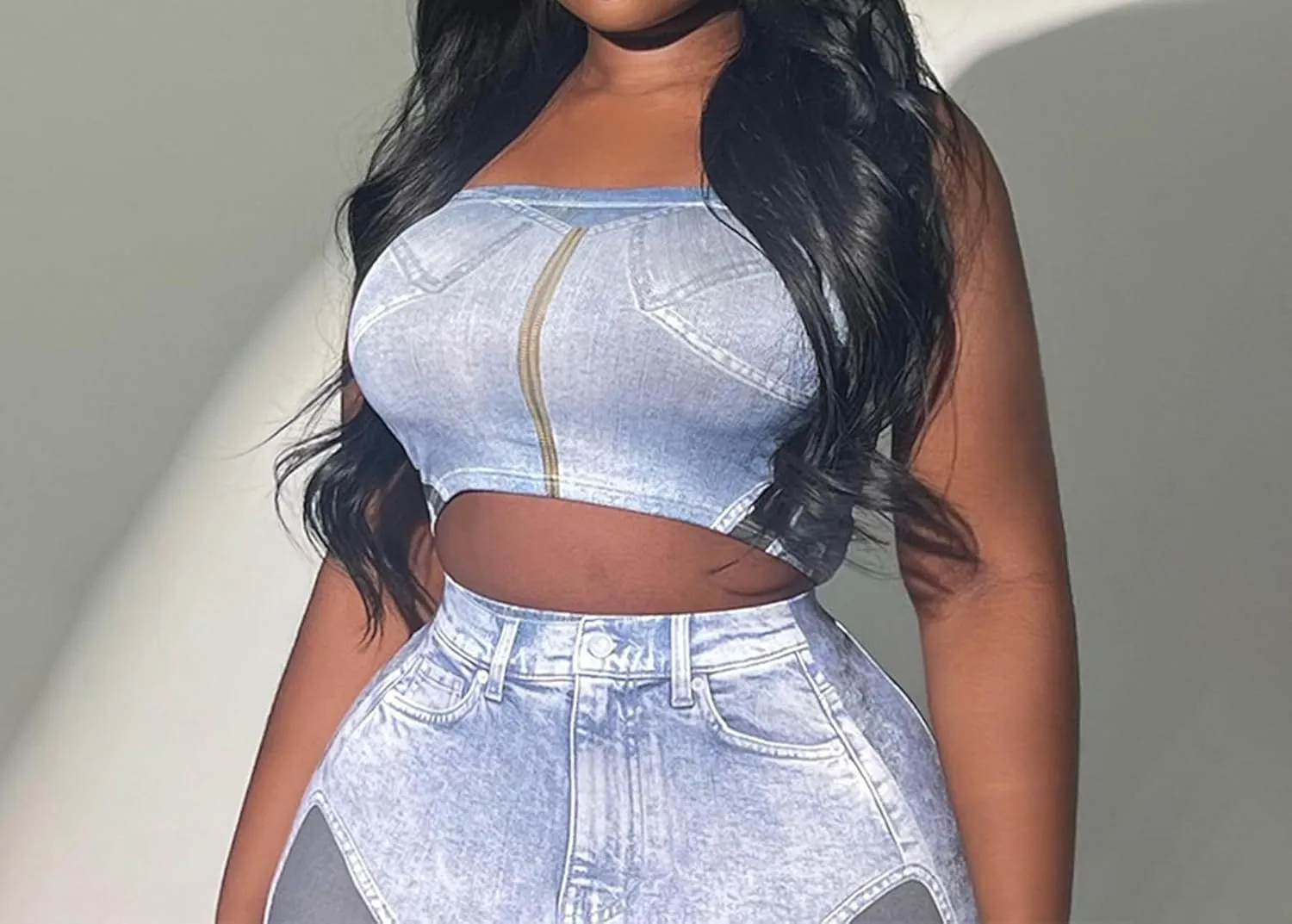 Women's Sexy 2 Piece Outfits Denim Print Graphic Maxi Skirt Dress Sets Sleeveless Crop Top Bodycon Skirt