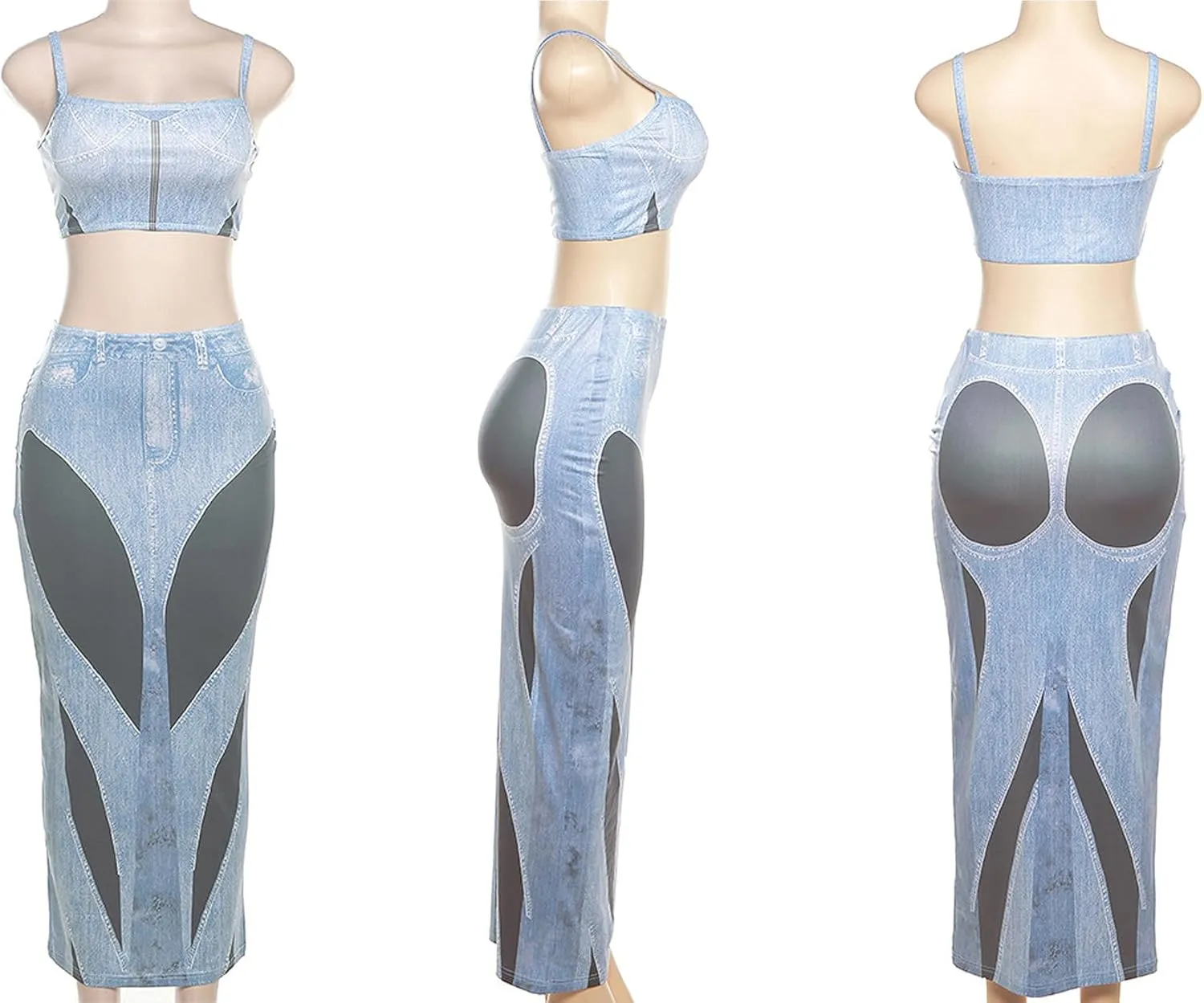Women's Sexy 2 Piece Outfits Denim Print Graphic Maxi Skirt Dress Sets Sleeveless Crop Top Bodycon Skirt