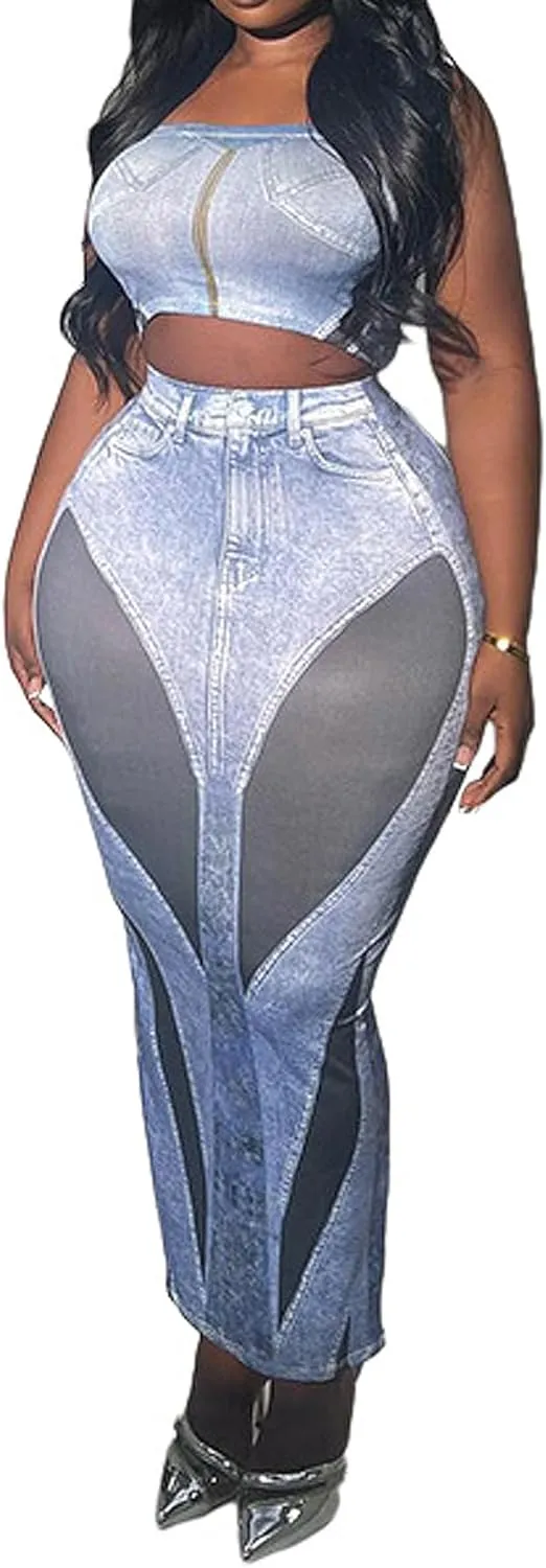 Women's Sexy 2 Piece Outfits Denim Print Graphic Maxi Skirt Dress Sets Sleeveless Crop Top Bodycon Skirt
