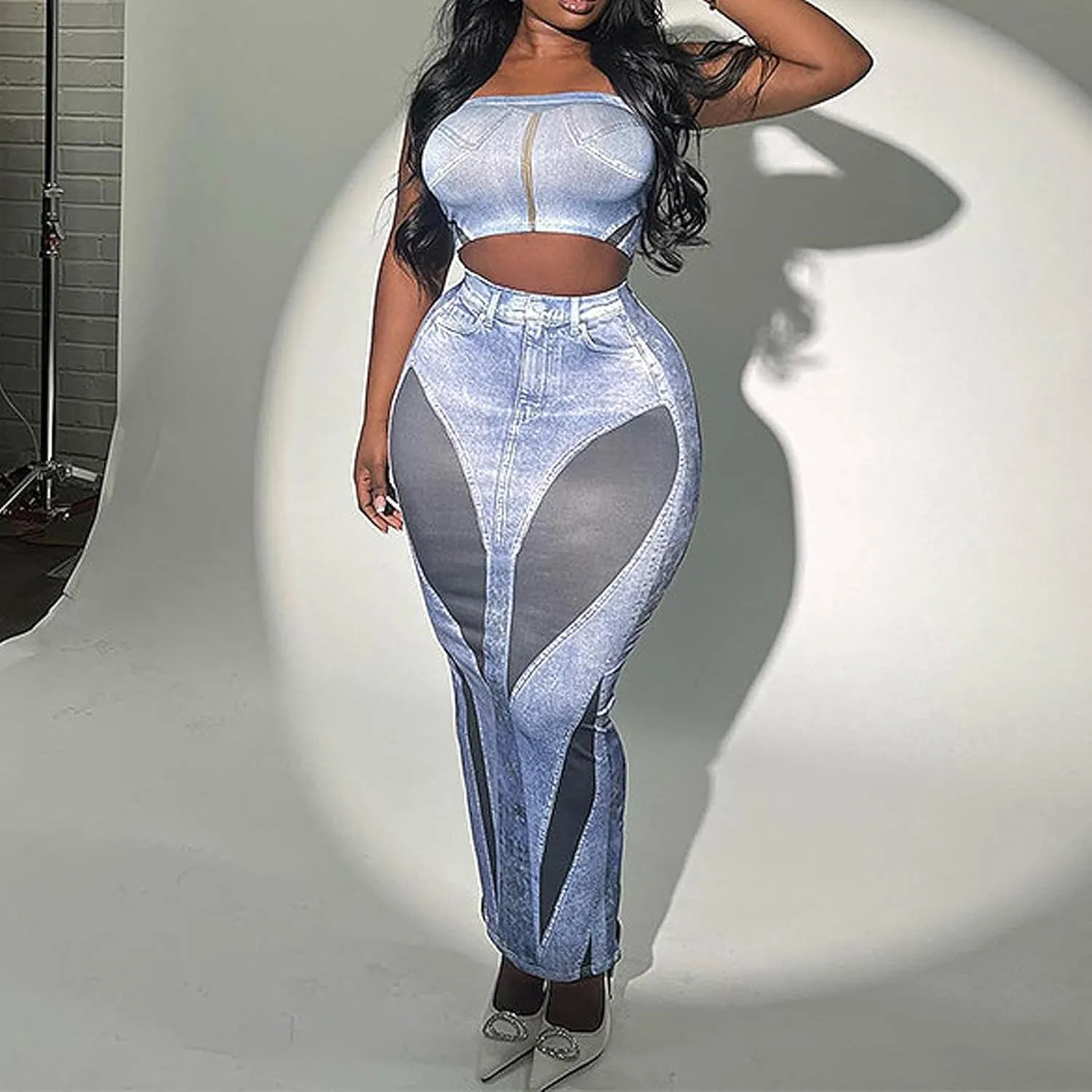 Women's Sexy 2 Piece Outfits Denim Print Graphic Maxi Skirt Dress Sets Sleeveless Crop Top Bodycon Skirt