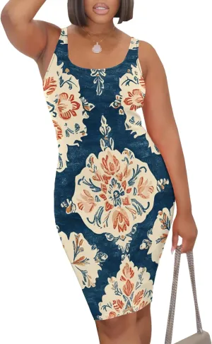 Women's Sexy Bodycon Tank Top Dress Floral Print Summer Beach Boho Sundress Sleeveless Basic Pencil Midi Club Dresses
