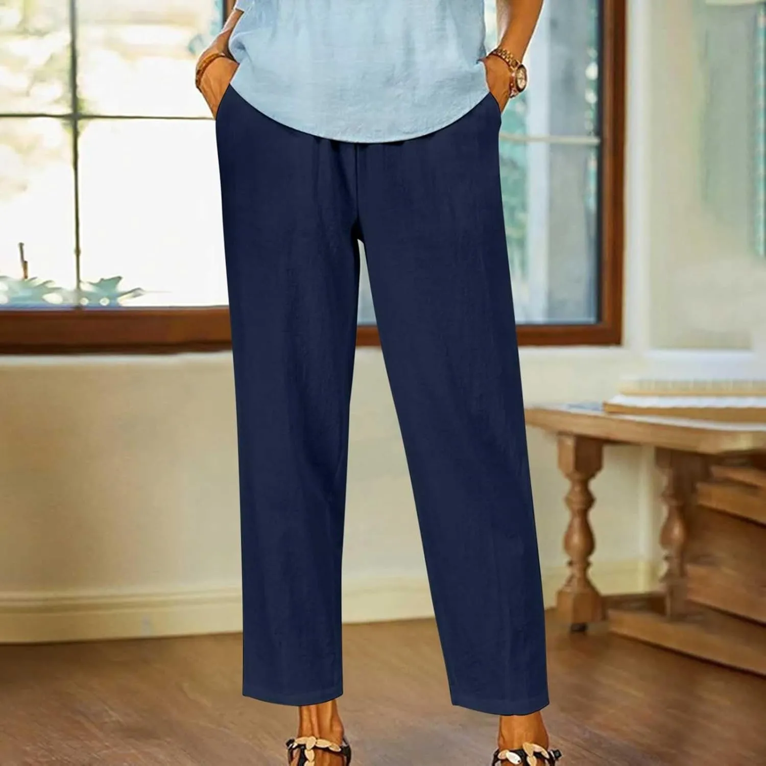 Women's Solid Cotton Linen Straight Pants Casual Loose Elastic Waist Wide Leg Trousers Summer Lounge Palazzo Beach Pants