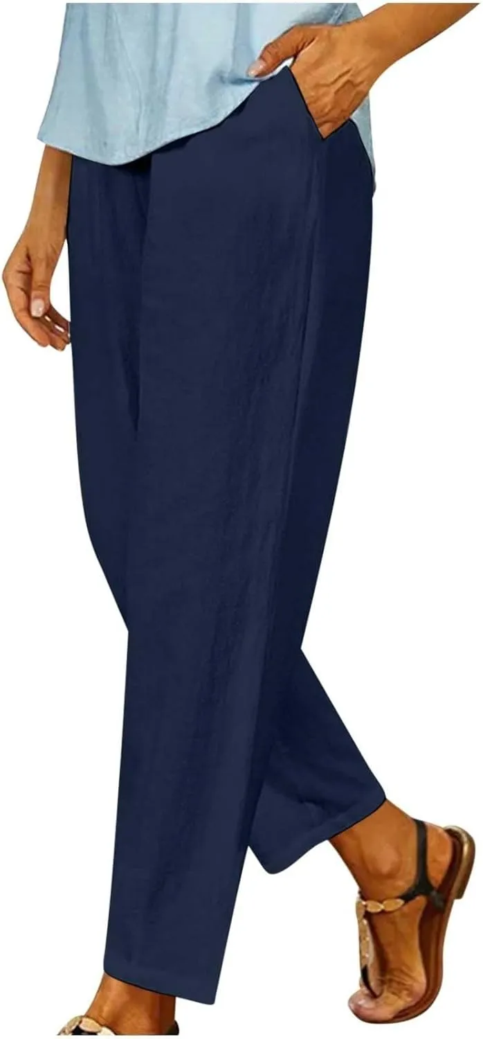 Women's Solid Cotton Linen Straight Pants Casual Loose Elastic Waist Wide Leg Trousers Summer Lounge Palazzo Beach Pants