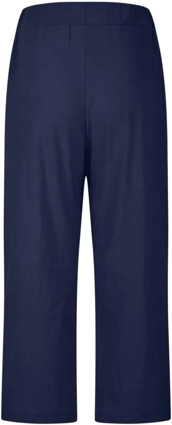 Women's Solid Cotton Linen Straight Pants Casual Loose Elastic Waist Wide Leg Trousers Summer Lounge Palazzo Beach Pants