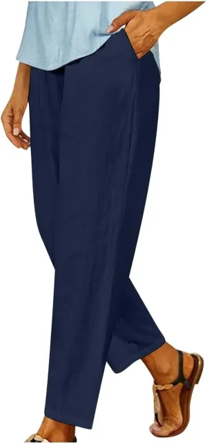 Women's Solid Cotton Linen Straight Pants Casual Loose Elastic Waist Wide Leg Trousers Summer Lounge Palazzo Beach Pants