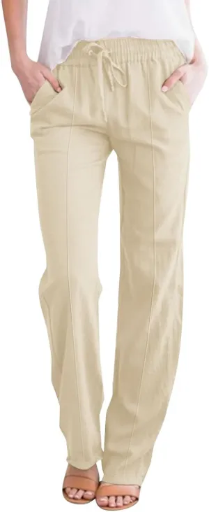 Women's Solid Cotton Linen Straight Pants Drawstring Loose Fit Summer Pants Wide Leg Trousers with Side Pockets for Causal