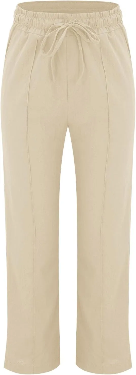 Women's Solid Cotton Linen Straight Pants Drawstring Loose Fit Summer Pants Wide Leg Trousers with Side Pockets for Causal