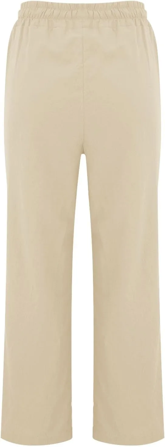 Women's Solid Cotton Linen Straight Pants Drawstring Loose Fit Summer Pants Wide Leg Trousers with Side Pockets for Causal