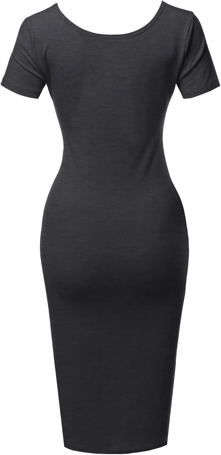 Women's Solid Fitted Classic Short Sleeve Premium Cotton Midi Dress