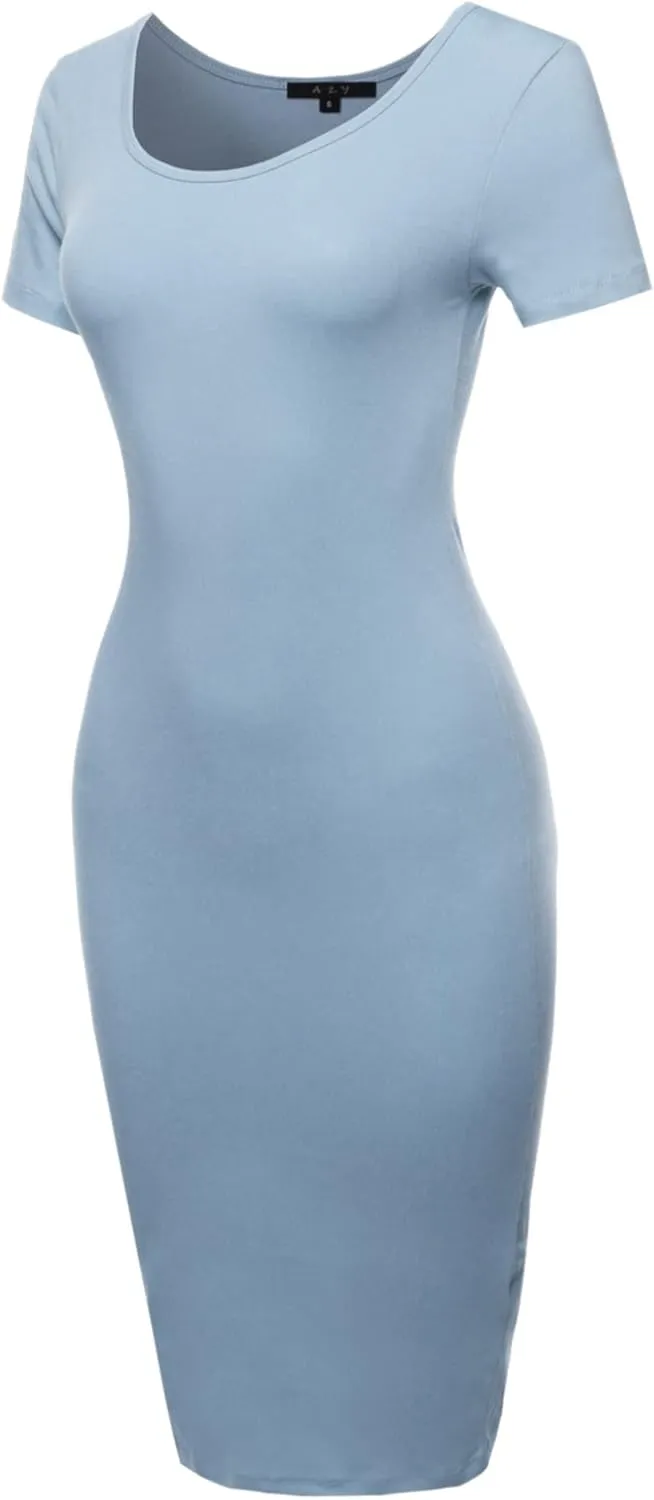 Women's Solid Fitted Classic Short Sleeve Premium Cotton Midi Dress