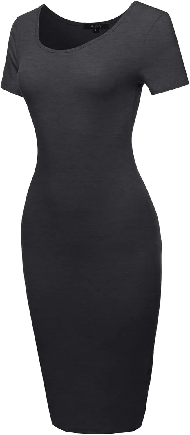 Women's Solid Fitted Classic Short Sleeve Premium Cotton Midi Dress