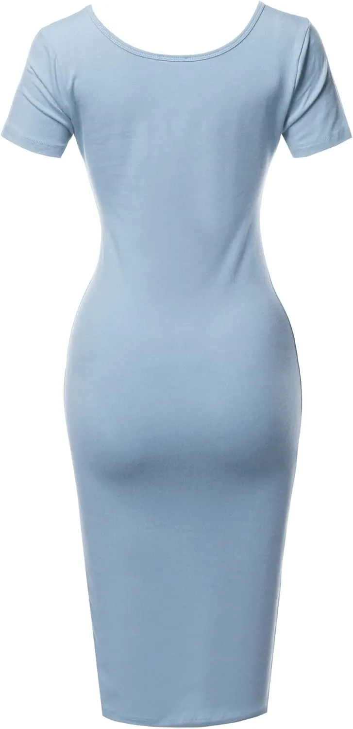 Women's Solid Fitted Classic Short Sleeve Premium Cotton Midi Dress