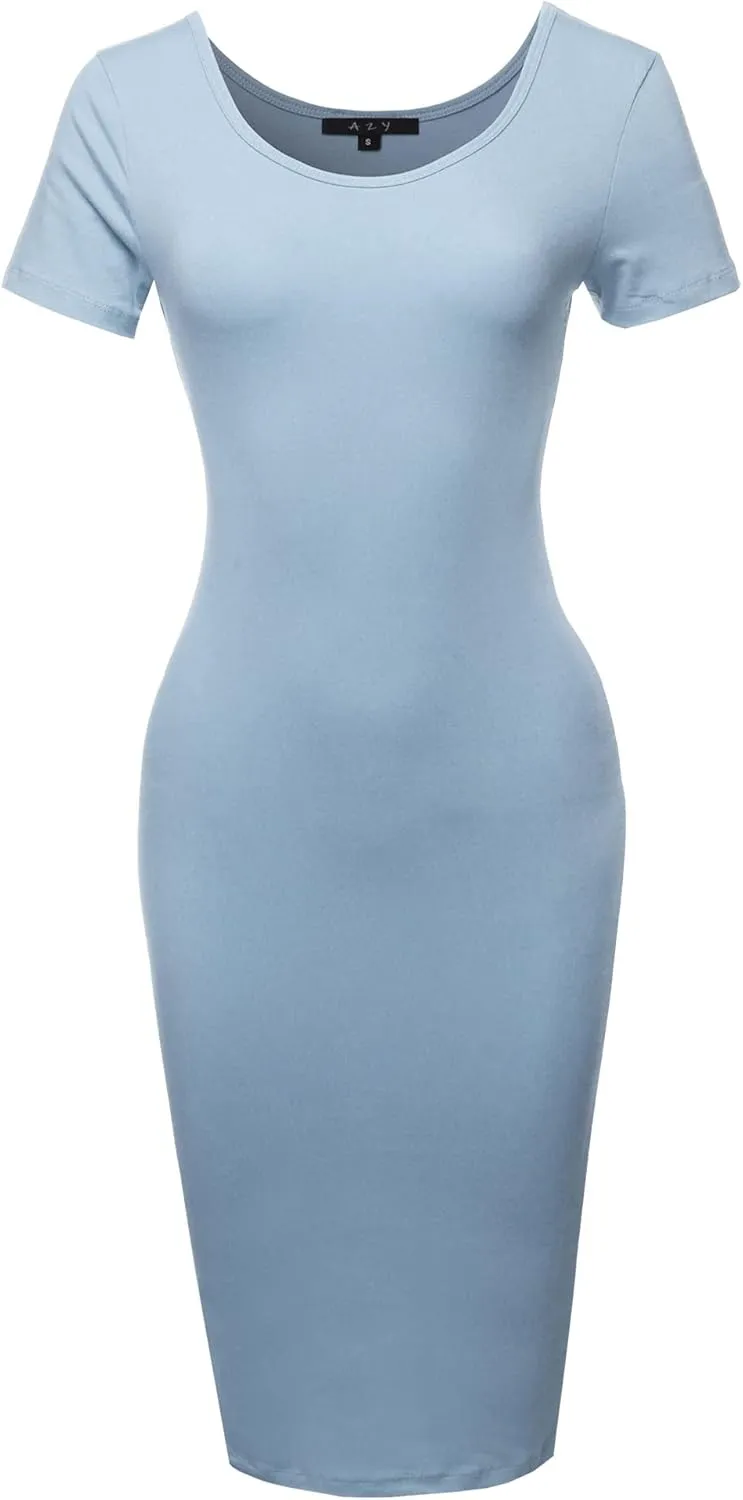 Women's Solid Fitted Classic Short Sleeve Premium Cotton Midi Dress