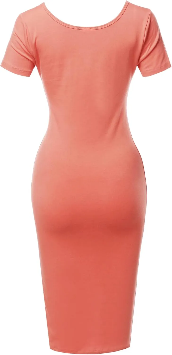 Women's Solid Fitted Classic Short Sleeve Premium Cotton Midi Dress