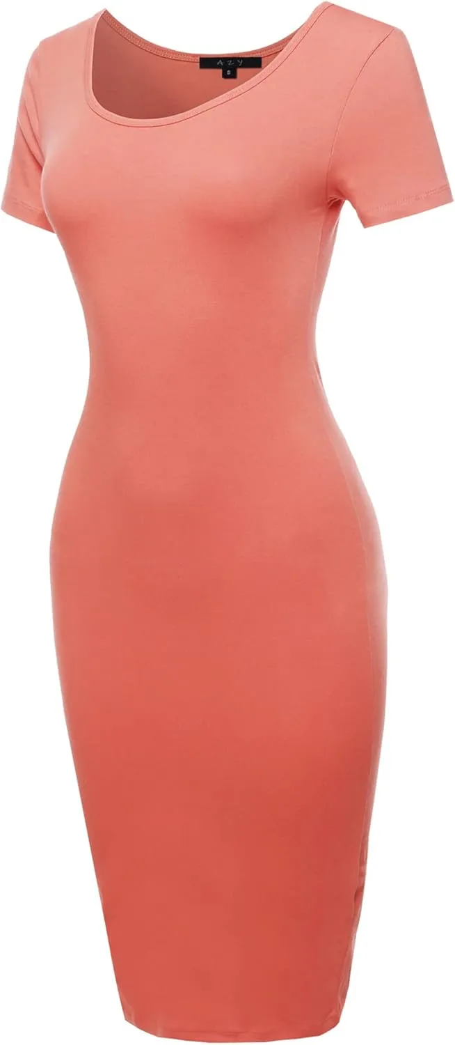 Women's Solid Fitted Classic Short Sleeve Premium Cotton Midi Dress