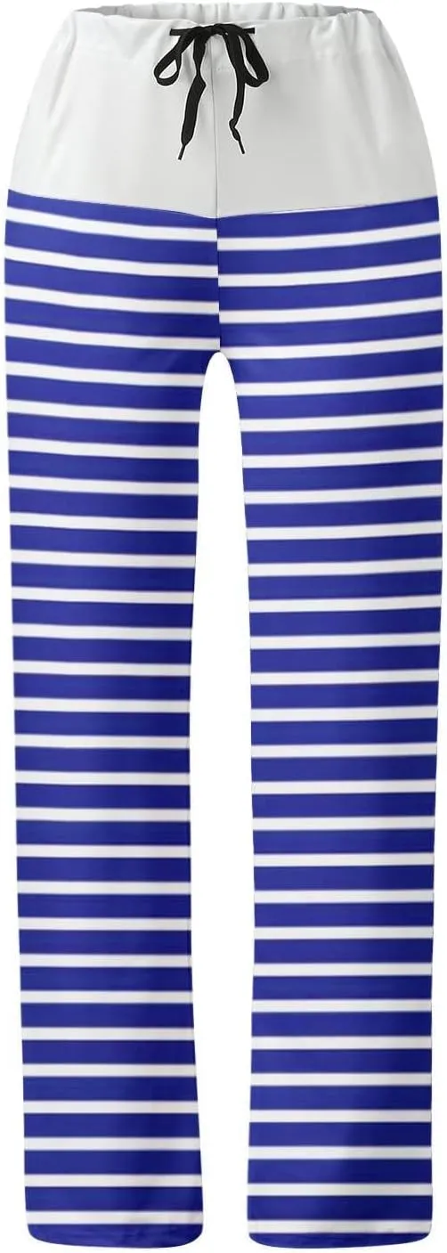 Women's Straight Wide Leg Trousers Elastic Drawstring High Waist Palazzo Pants Striped Print Lounge Pants Trousers