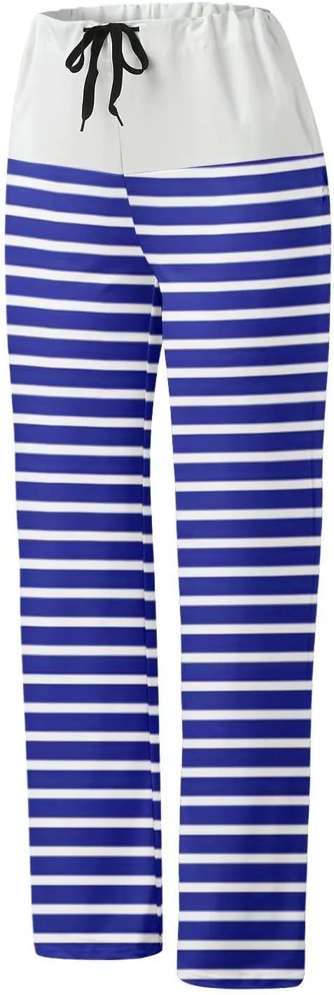 Women's Straight Wide Leg Trousers Elastic Drawstring High Waist Palazzo Pants Striped Print Lounge Pants Trousers