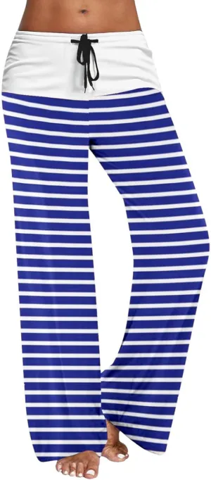 Women's Straight Wide Leg Trousers Elastic Drawstring High Waist Palazzo Pants Striped Print Lounge Pants Trousers