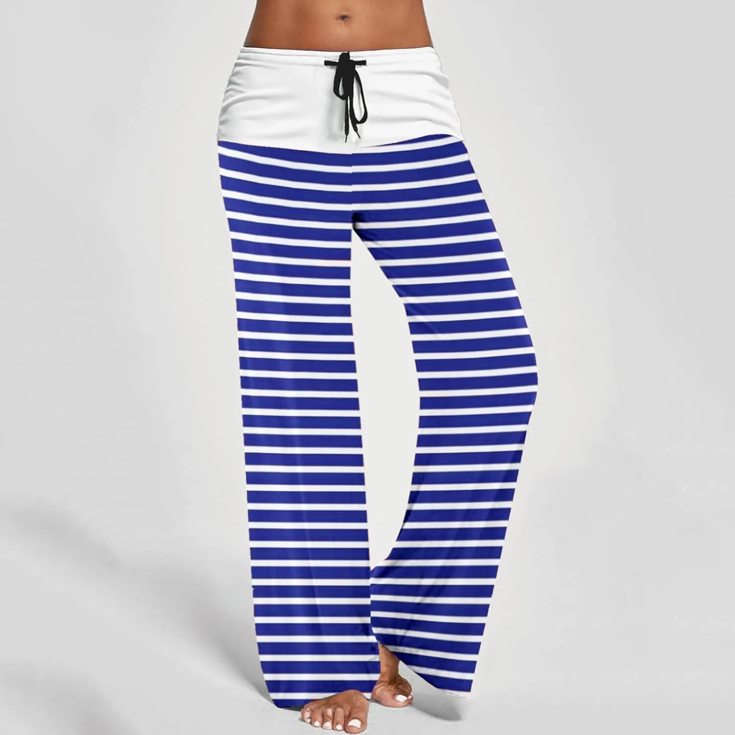Women's Straight Wide Leg Trousers Elastic Drawstring High Waist Palazzo Pants Striped Print Lounge Pants Trousers