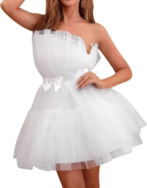 Womens Strapless Mesh Elegant Bowknot Tutu Skirt Dress Off Shoulder Wedding Pleated Mesh Party Mini Dress