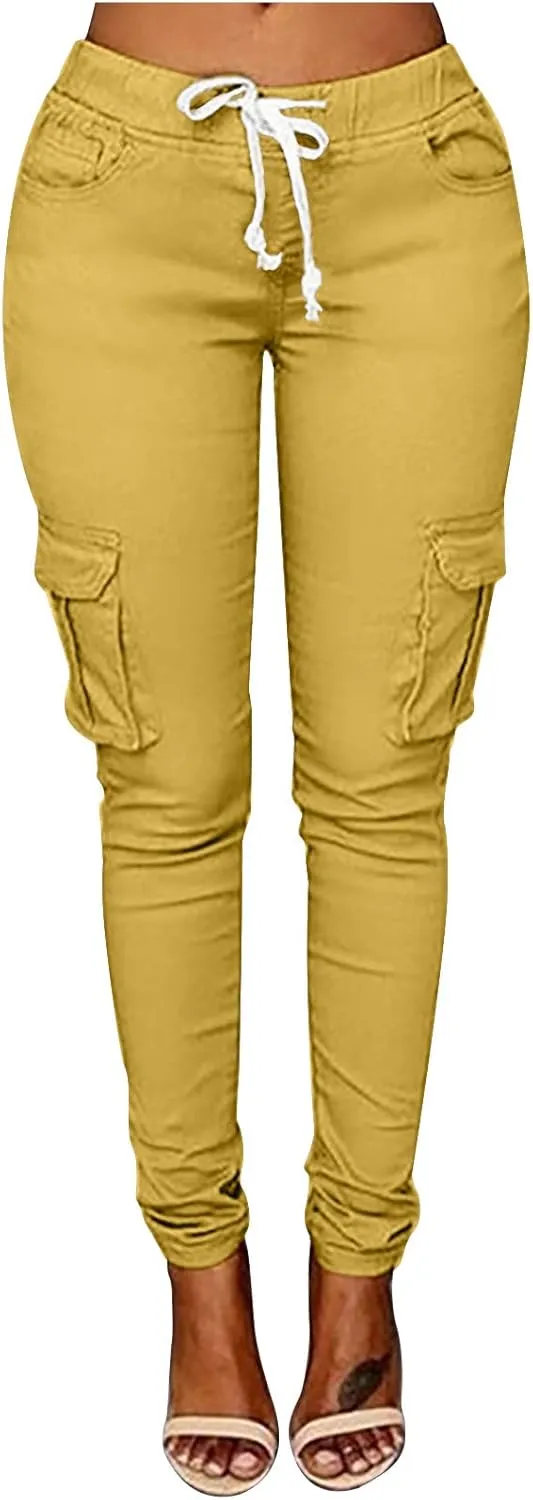 Women's Stretch Skinny Cargo Pants Casual High Waist Drawstring Cargo Joggers Butt Lift Pencil Trousers with Pockets