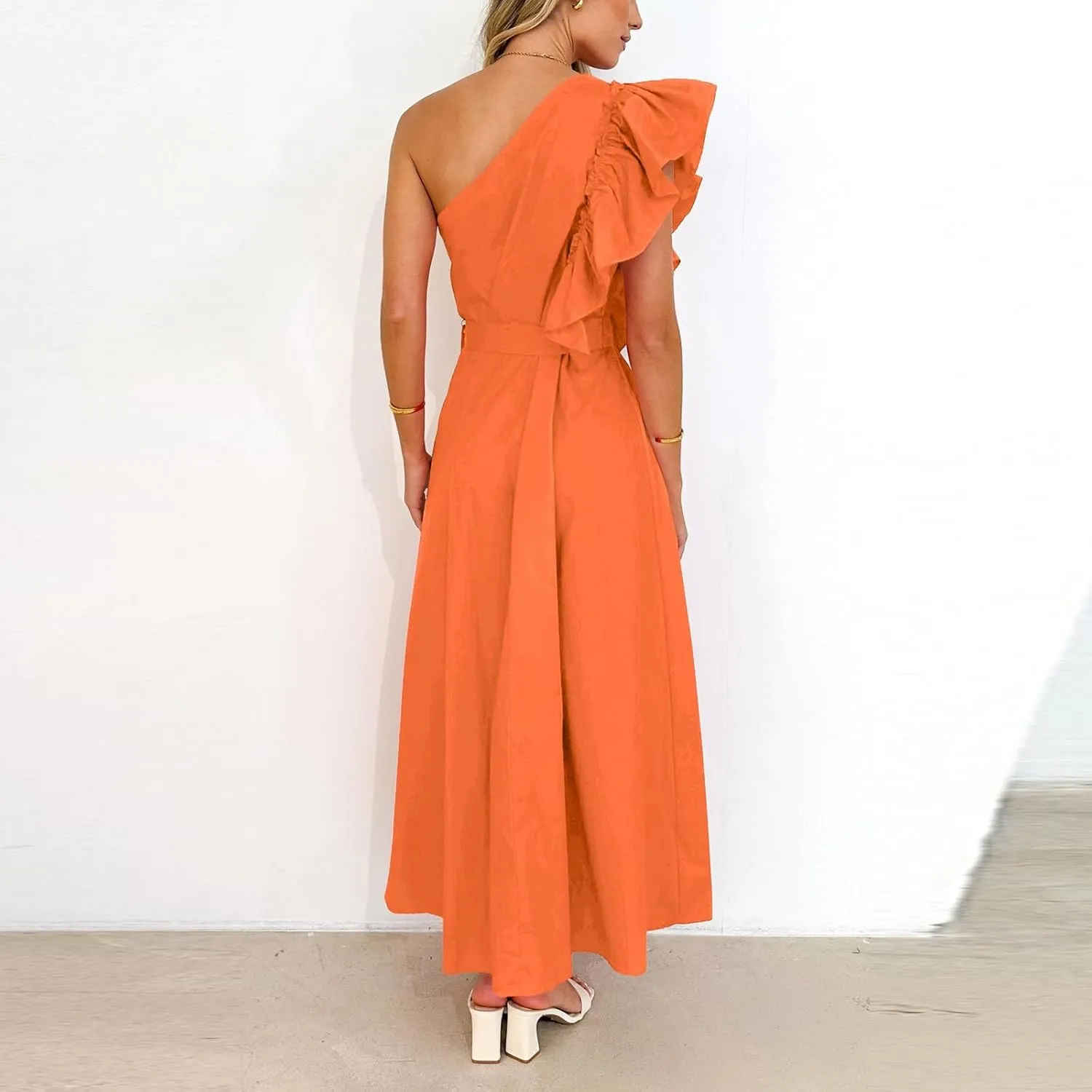 Women's Summer Dress One Shoulder Ruffle Sleeveless Empire Waist Wedding Guest Dresses Ruched A Line Flowy Sundresses